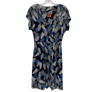 Tory Burch Dress Women XS Silk Blue‎ Seashell Polka Dot Short Sleeve V-Neck